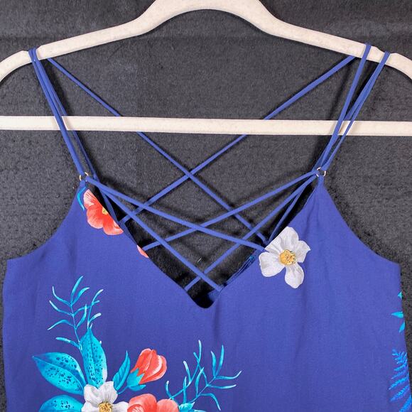 Express Womens Blouse Blue Floral V Neck Tank Racerback Flowy Stretch XS - Picture 2 of 10
